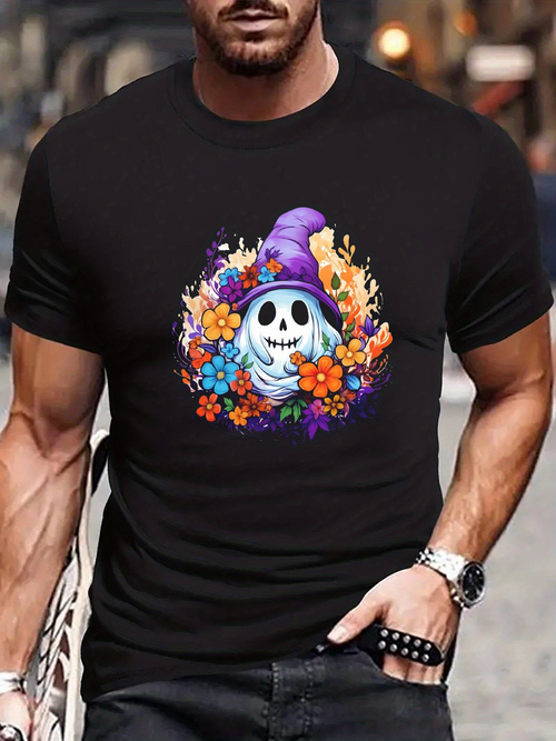 Men's Graphic T-Shirt Purple Witch Hat With Colorful Flowers And Smiling Skull Centerpiece
