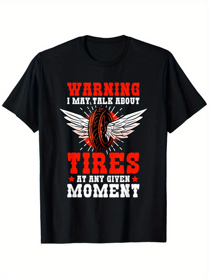 Men's Graphic T-Shirt Warning Words With Bold Red Letters Winged Tire Among Bright Starburst Moment