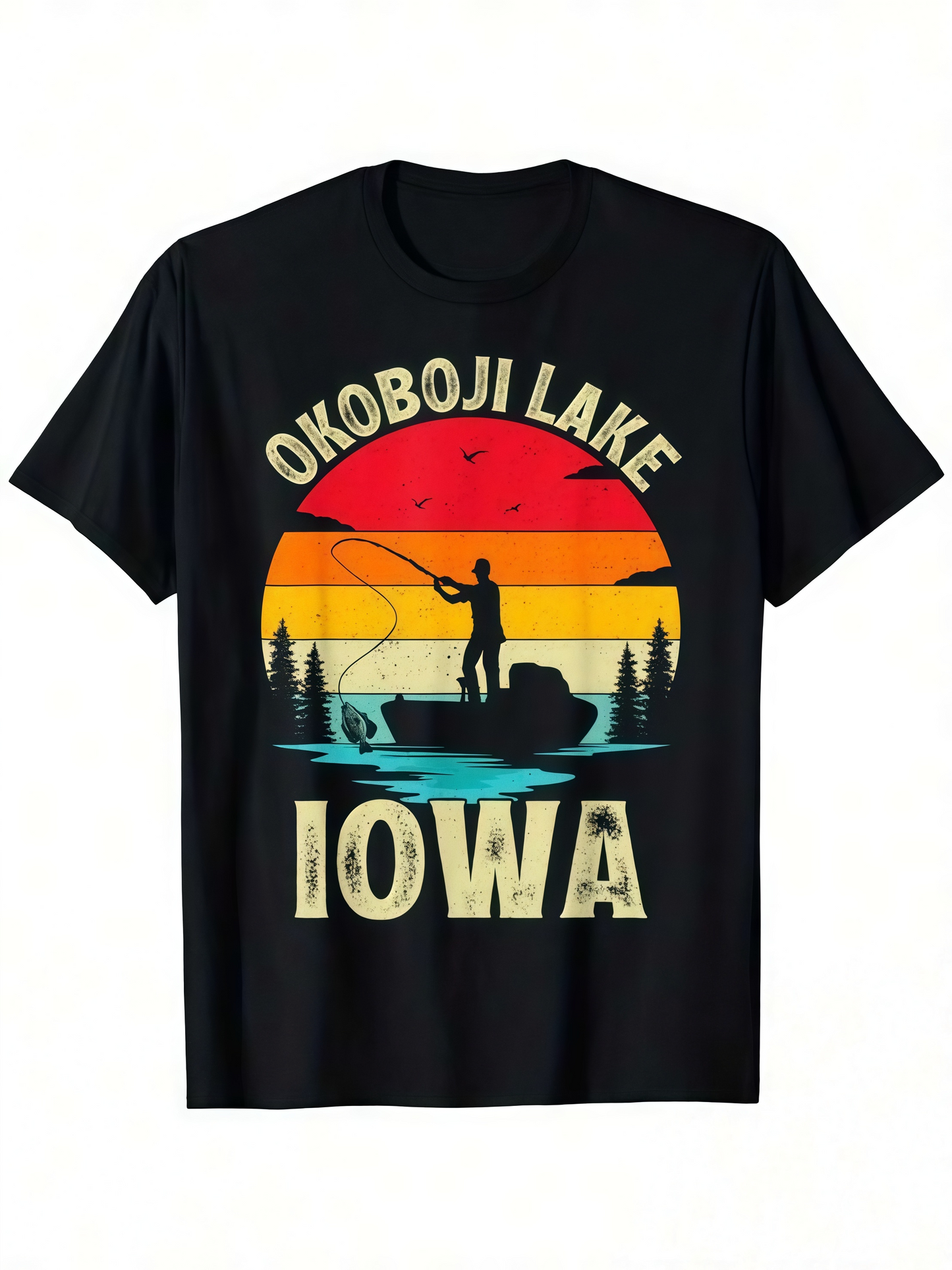 Men's Graphic T-Shirt Okoboji Lake Iowa Retro Sunset Fishing Scene Lake