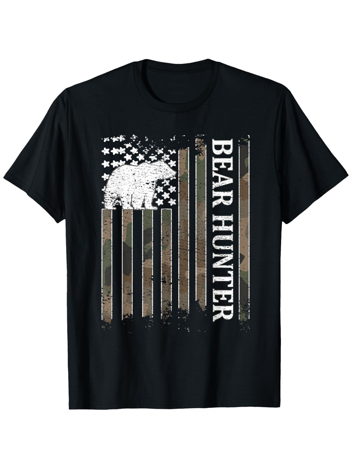 Men's Graphic T-Shirt Bear Hunter Distressed Camouflage Flag With Silhouetted Animal Bear