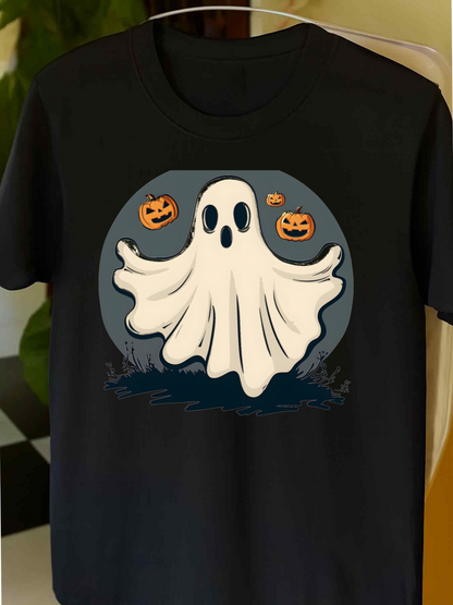 Men's Graphic T-Shirt Spooky Night With Flying Pumpkins And Happy Cartoon Ghost