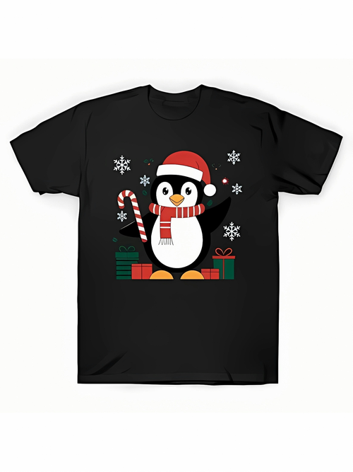 Men's Graphic T-Shirt Snowflakes With Christmas Gifts And Candy Cane Penguin