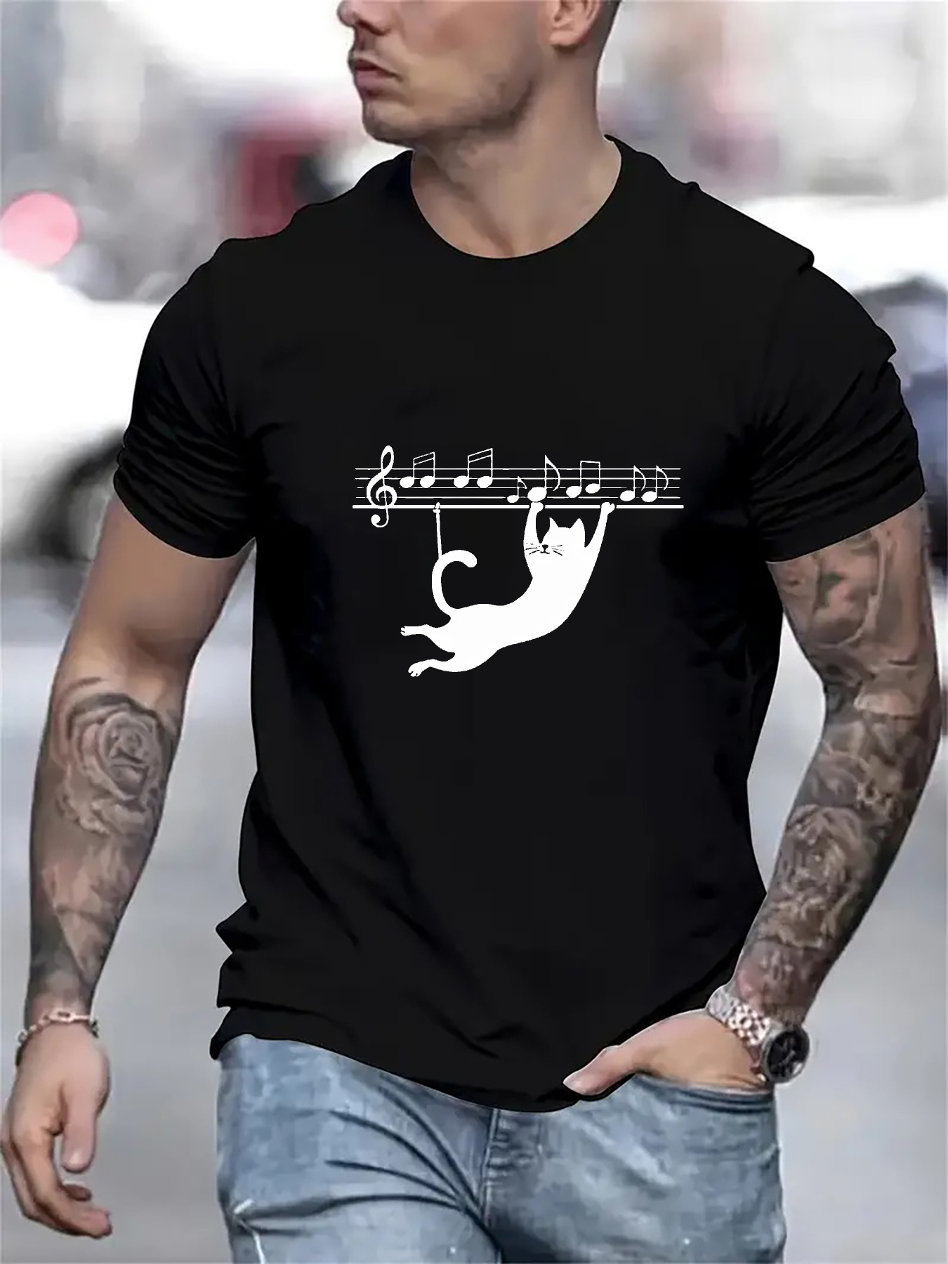 Men's Graphic T-Shirt Leaping Cat Hanging Under Musical Notes Among Melodic Symbols Cat