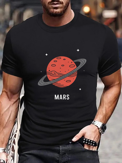 Men's Graphic T-Shirt Mars Red Planet With Stars And Surrounding Rings Illustration