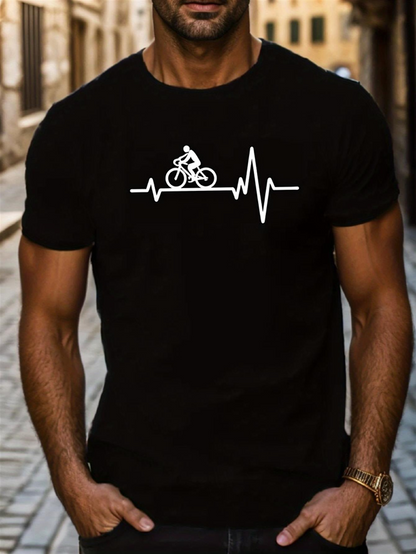 Men's Graphic T-Shirt Heartbeat Line With Cyclist Riding Bike Among Urban Streets