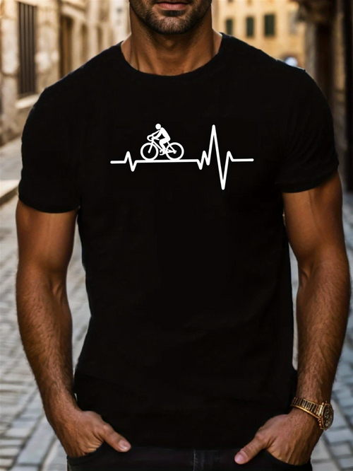 Men's Graphic T-Shirt Heartbeat Line With Cyclist Riding Bike Among Urban Streets