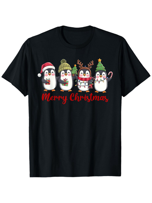 Men's Graphic T-Shirt Merry Christmas Adorable Penguins Wearing Holiday Hats And Holding Candy Canes Penguins