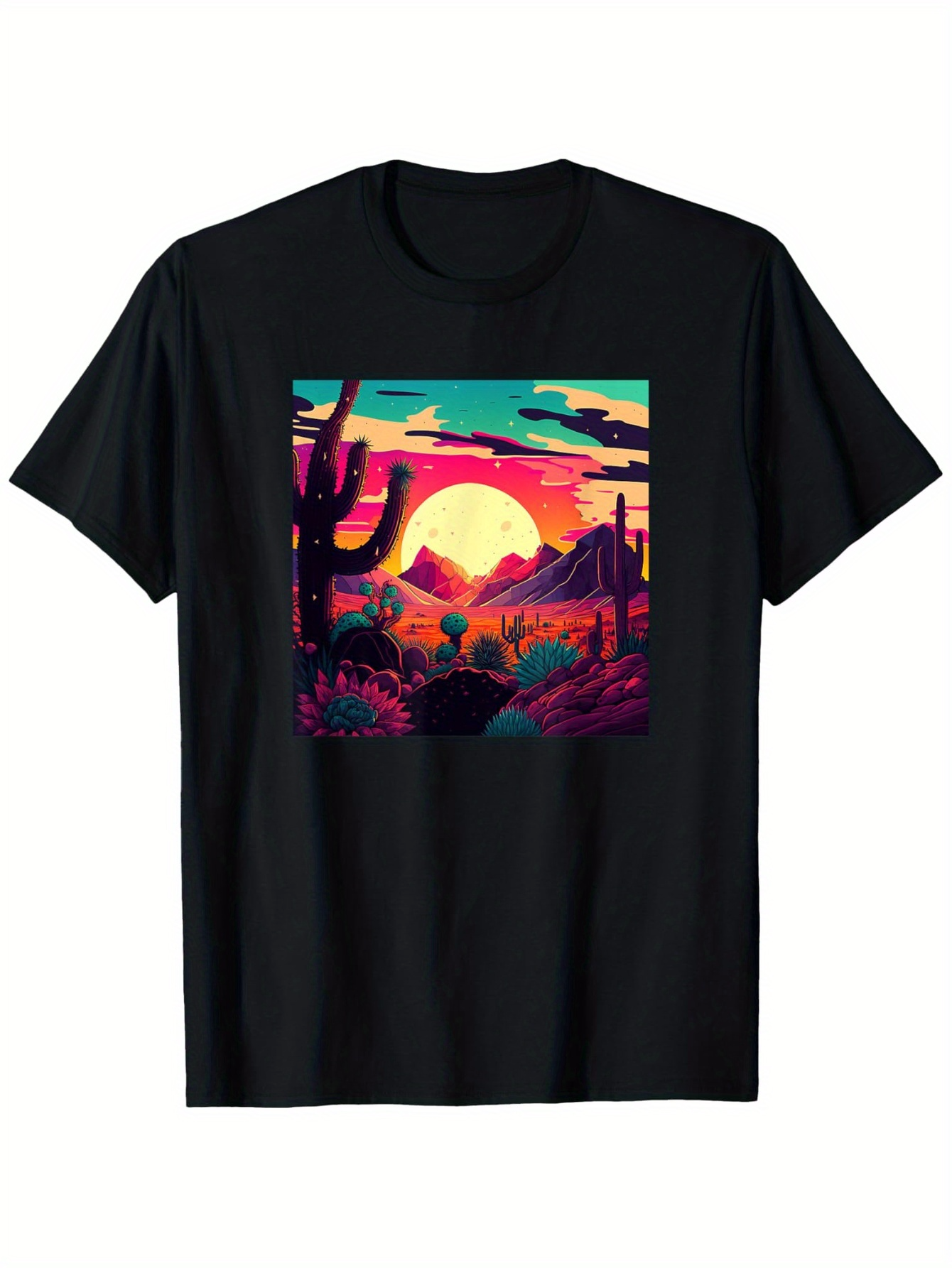 Men's Graphic T-Shirt Colorful Desert Sunset With Tall Cactus Silhouettes And Distant Mountains