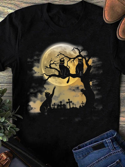 Women's Graphic T-Shirt Full Moon Night With Black Cats On Creepy Cemetery Tree