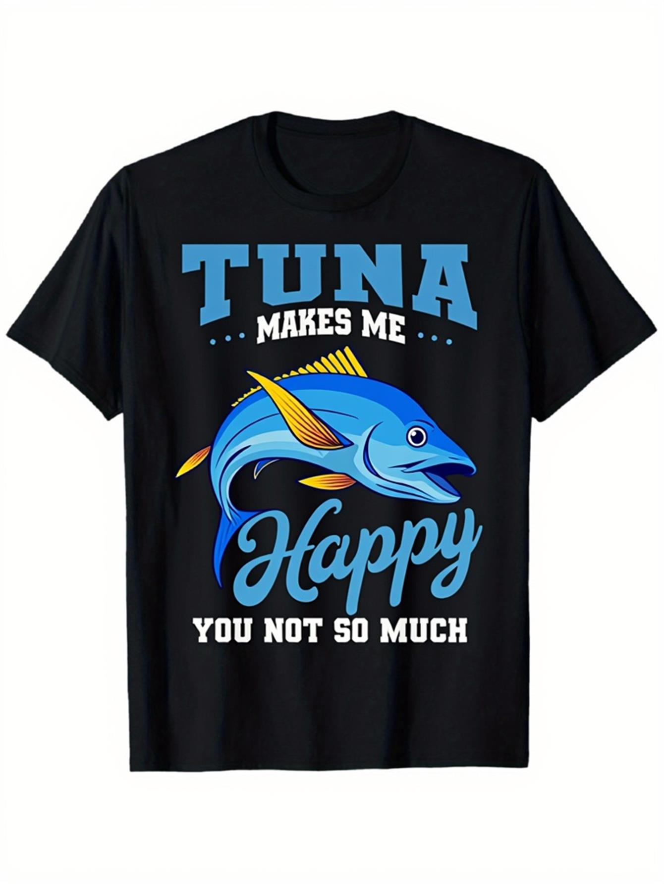 Men's Graphic T-Shirt Tuna Makes Me Happy With Blue Fish Swimming Across Waves
