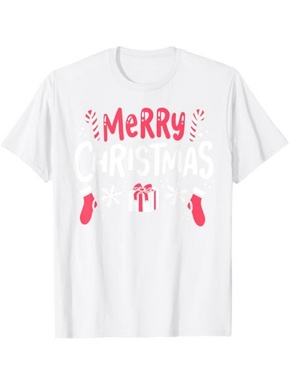 Men's Graphic T-Shirt Merry Christmas Lettering With Candy Canes And Gift Box Surrounded By Festive Mittens