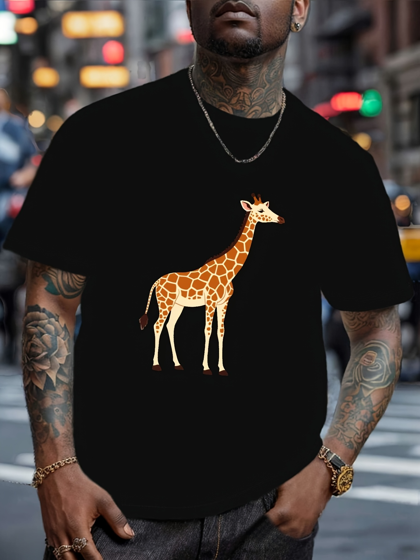 Men's Graphic T-Shirt Golden Brown African Landscape With Tall Elegant Patterned Giraffe