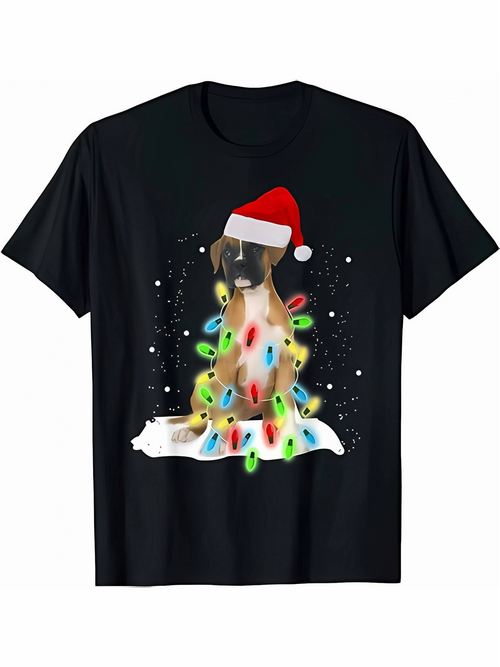 Men's Graphic T-Shirt Festive Snow With Colorful Lights Wrapping Adorable Boxer Dog