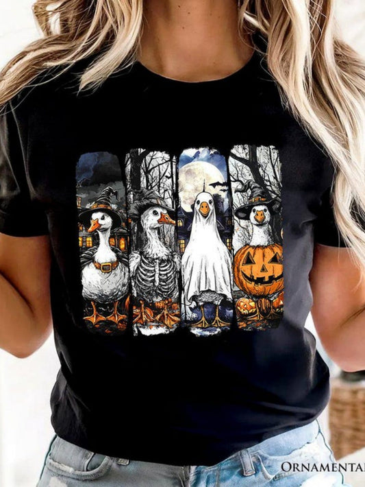 Women's Graphic T-Shirt Dark Forest With Halloween Pumpkins And Moonlit Geese Under Night Sky