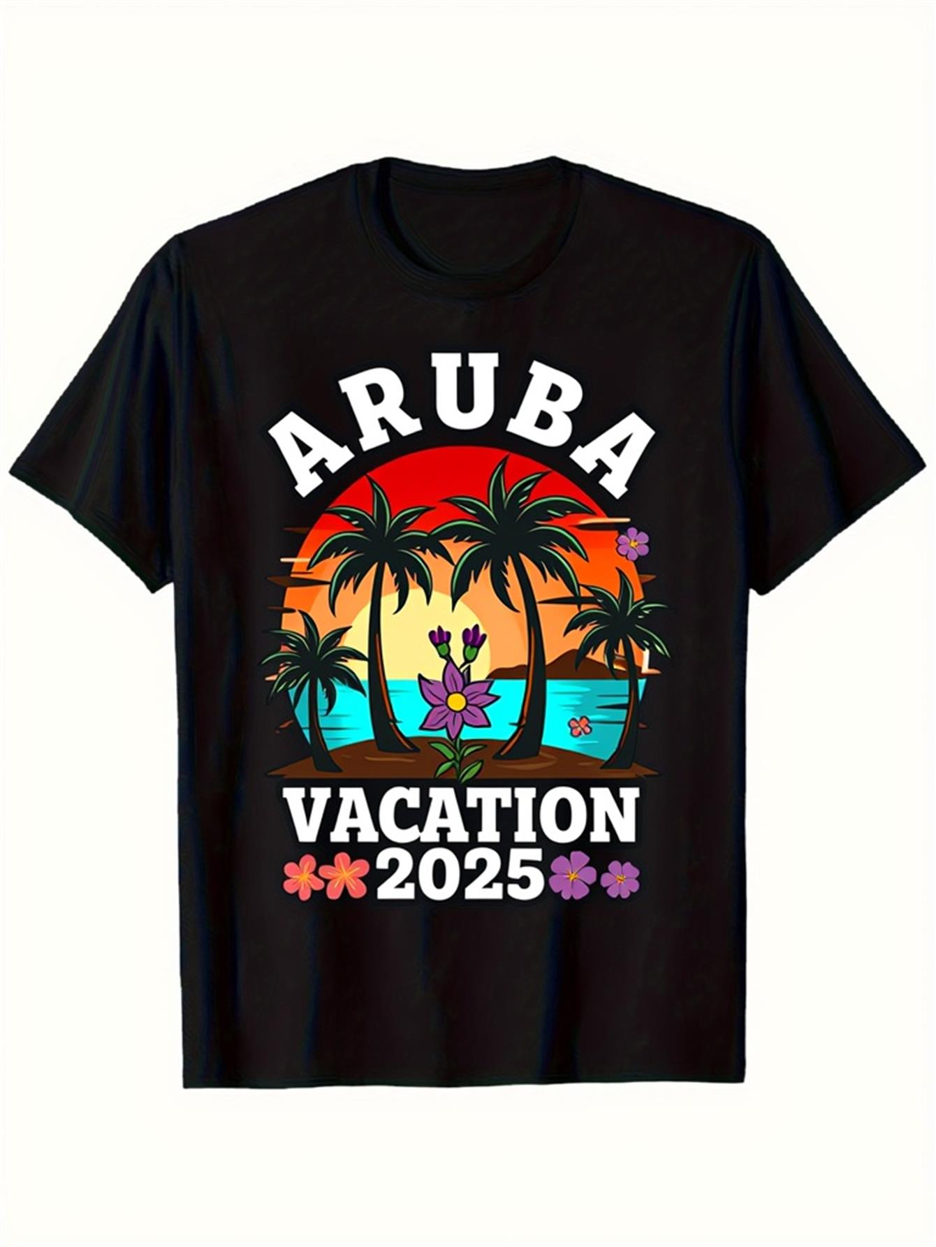 Men's Graphic T-Shirt Aruba Vacation 2025 Colorful Sunset Beach Palm Tree