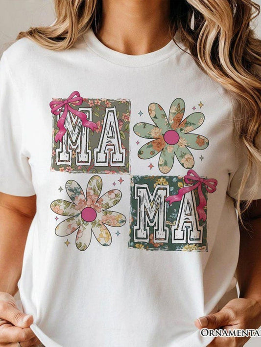 Women's Graphic T-Shirt Vintage Bow Decor With Stylish Floral Letters Mama