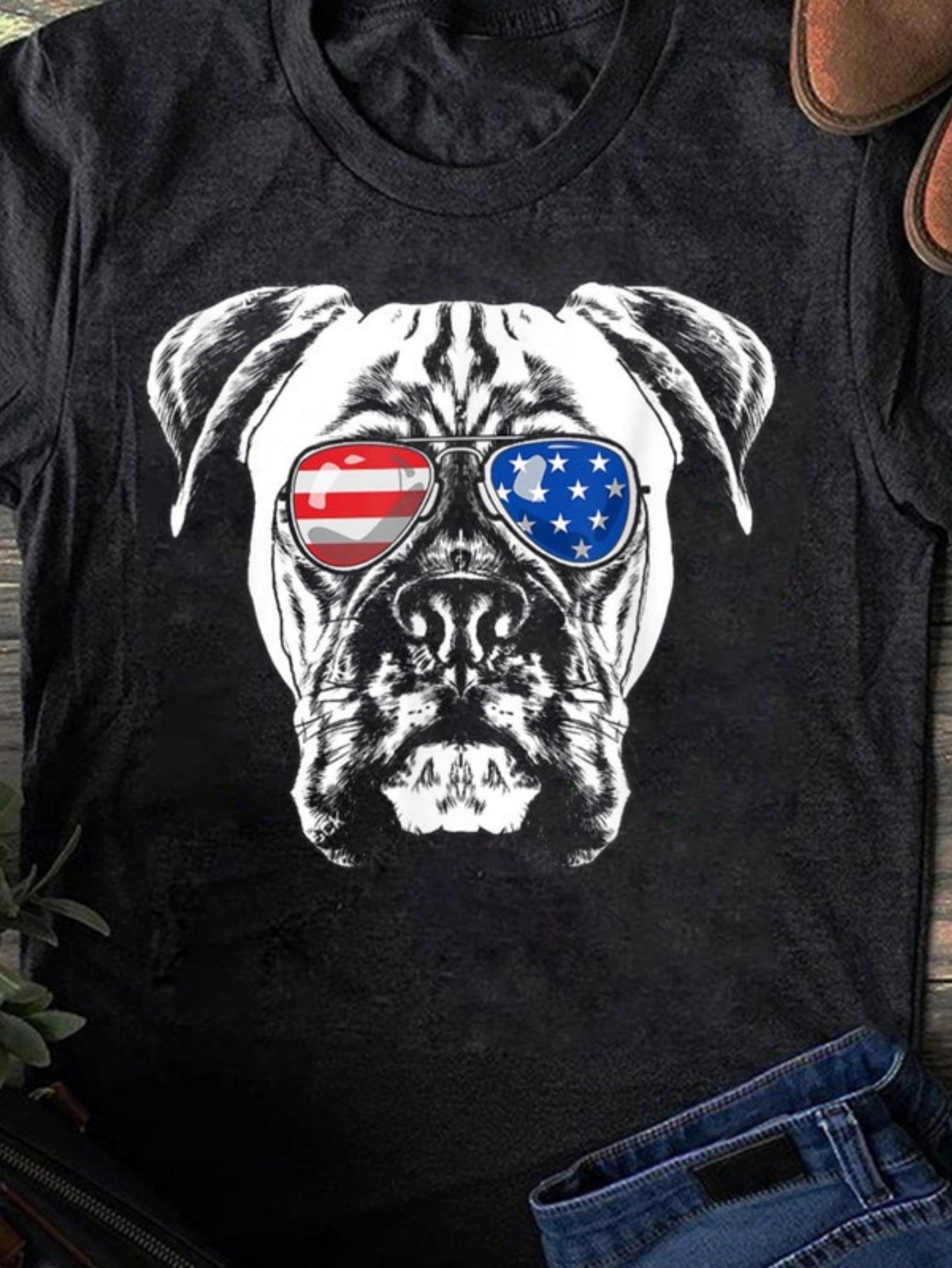 Men's Graphic T-Shirt Patriotic Dog With Sunglasses Reflecting American Flag Colors Bulldog