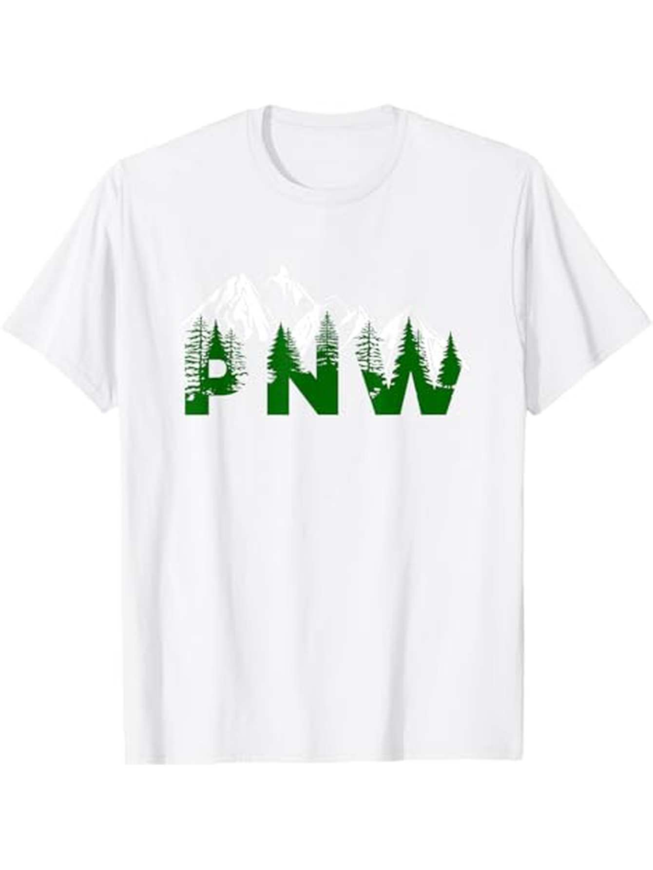 Men's Graphic T-Shirt PNW Green Pine Trees With Snowcapped Mountain Among Forest Scenery Letters