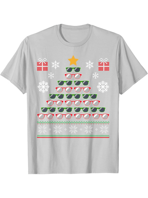 Men's Graphic T-Shirt Retro Sunglasses Christmas Tree With Snowflakes And Colorful Presents