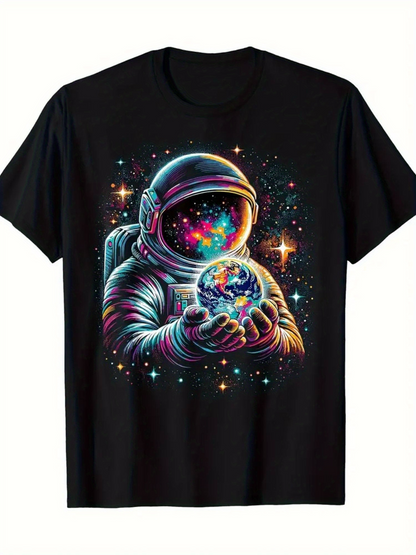 Men's Graphic T-Shirt Cosmic Astronaut Holding Glowing Universe Surrounded By Vibrant Stars Astronaut