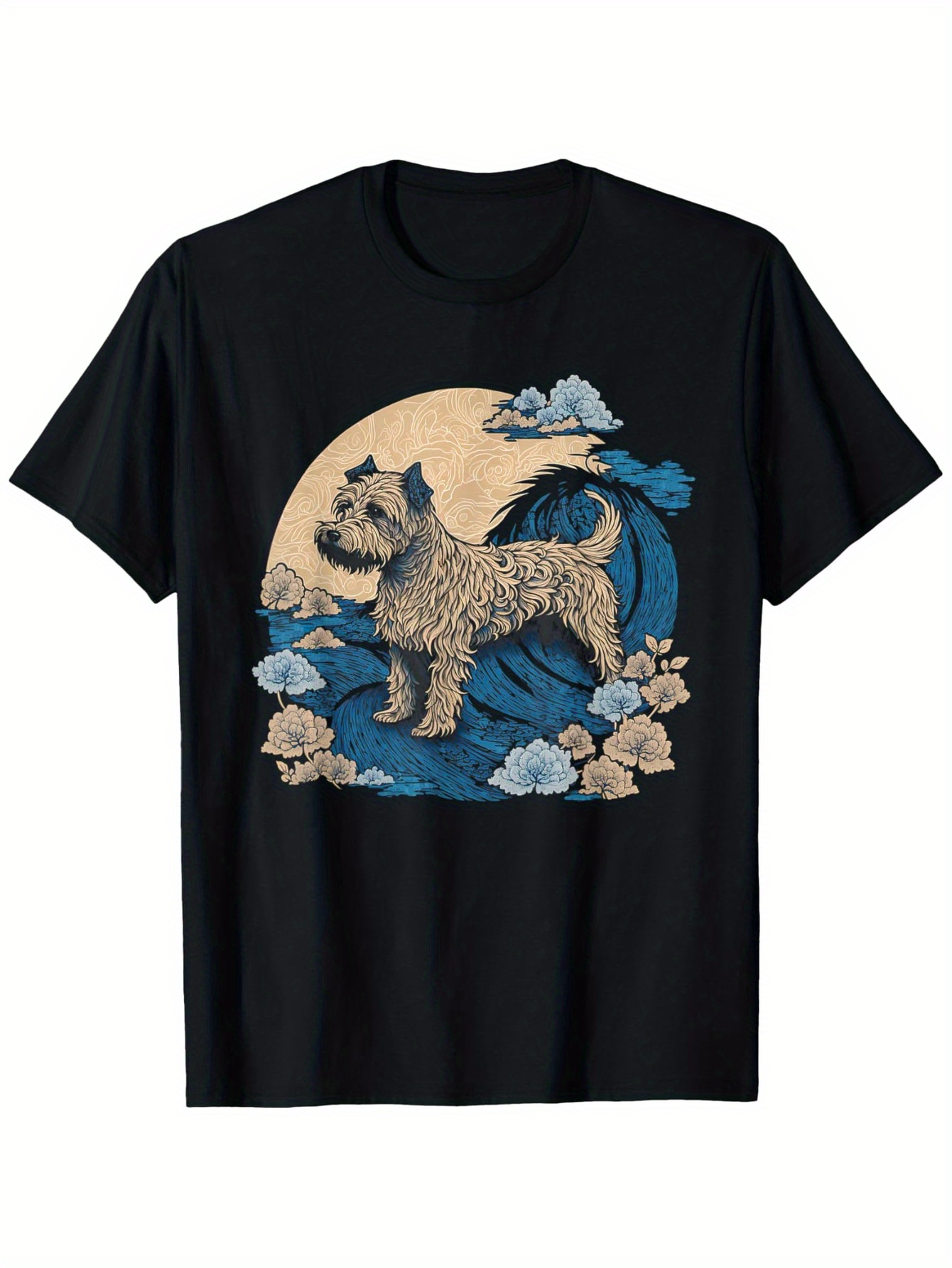 Men's Graphic T-Shirt Whimsical Clouds And Waves With Energetic Dog Standing Proudly
