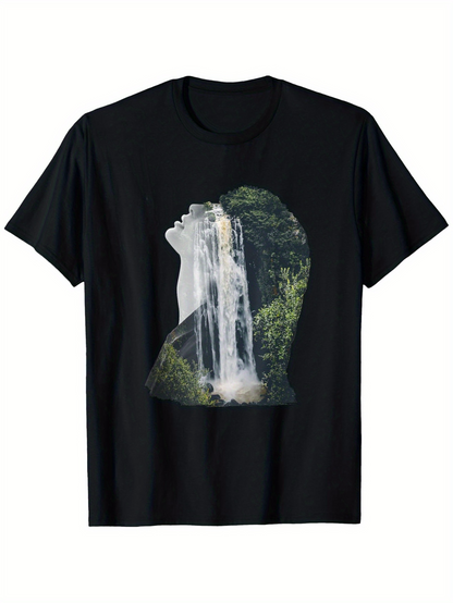 Men's Graphic T-Shirt Majestic Forest Waterfall Flowing Through Lush Green Wolf Silhouette