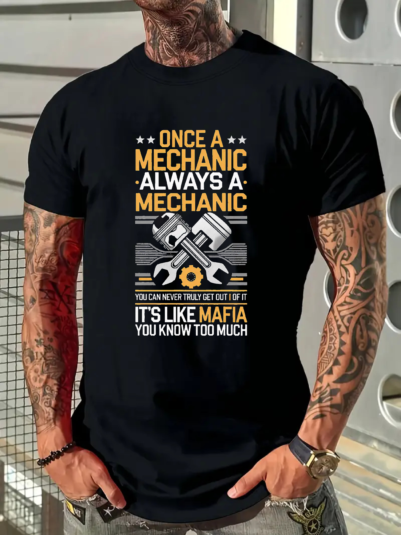 Men's Graphic T-Shirt Once A Mechanic Always A Mechanic Funny Piston Wrench Gear Engine Shirt