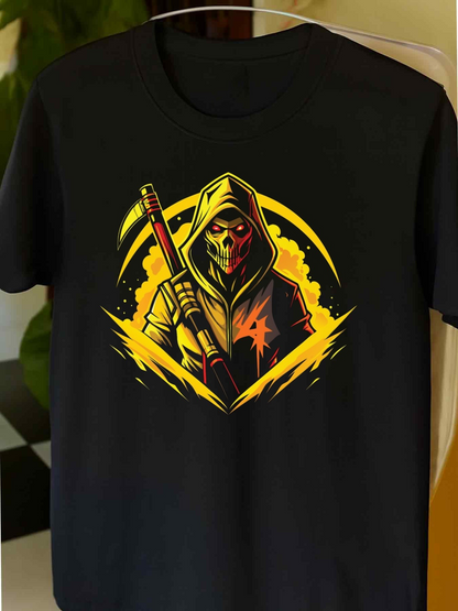 Men's Graphic T-Shirt Flaming Yellow Aura With Hooded Grim Avenger Holding Sword