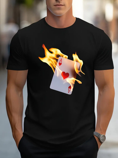 Men's Graphic T-Shirt Burning Flames Consuming Playing Card Ace Of Hearts