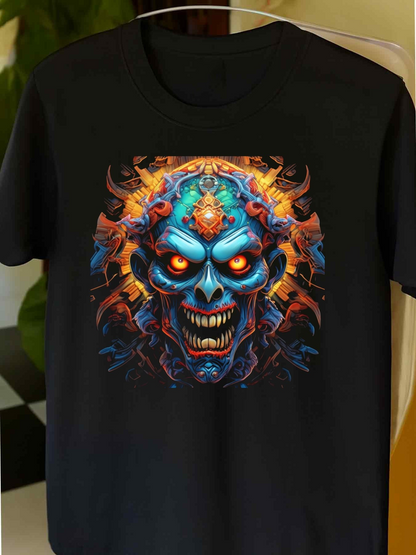 Men's Graphic T-Shirt Glowing Neon Flames Surrounding Fierce Demonic Skull Face