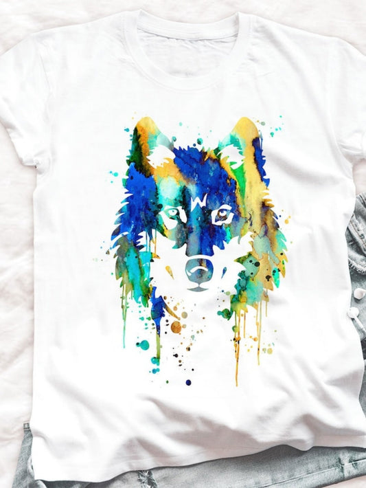 Women's Graphic T-Shirt Colorful Abstract Paint Drips Splashing Mystical Wild Wolf Face