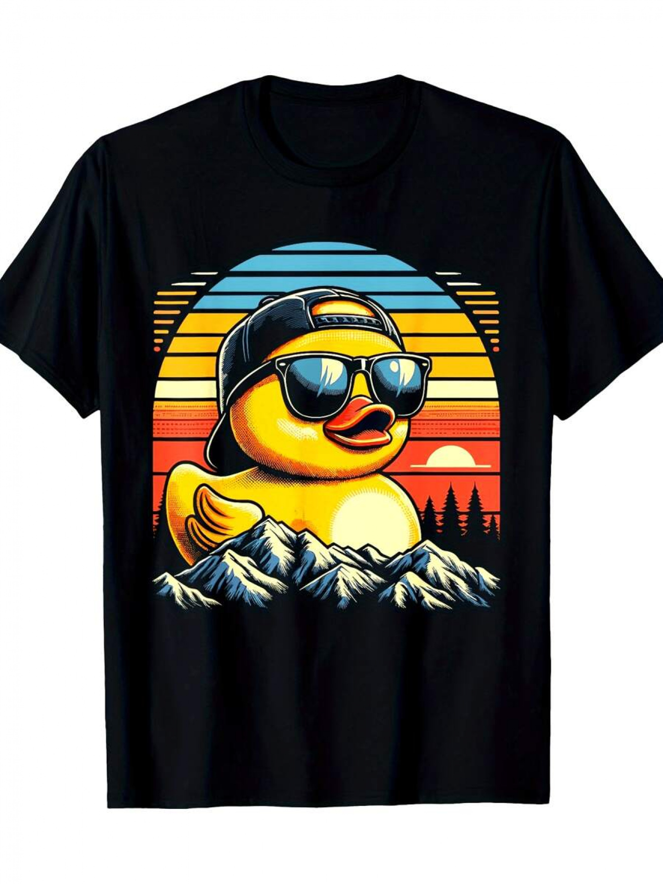 Men's Graphic T-Shirt Sunset Colors Over Snowy Peaks With Sunglasses Wearing Duck