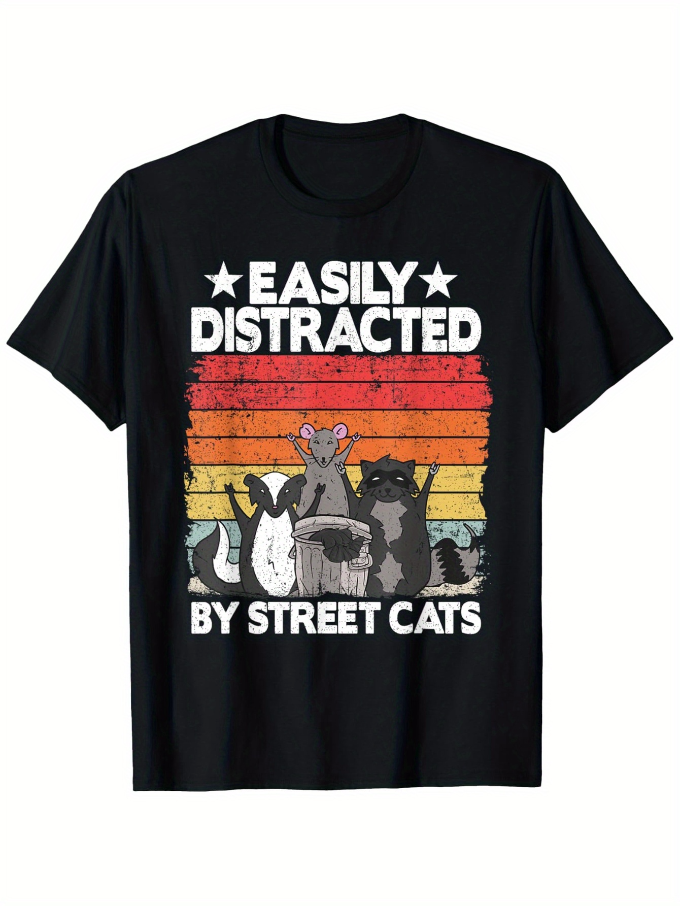 Men's Graphic T-Shirt Easily Distracted Retro Striped Sunset Graphic With Playful Street Cats