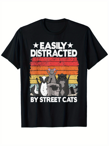 Men's Graphic T-Shirt Easily Distracted Retro Striped Sunset Graphic With Playful Street Cats