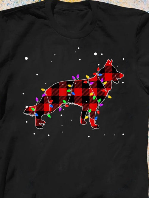 Men's Graphic T-Shirt Red Plaid Covered With Colorful Christmas Light String Shepherd Dog
