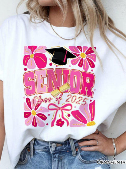Women's Graphic T-Shirt Senior Class Of 2025 Pink Floral Graduation Cap Design