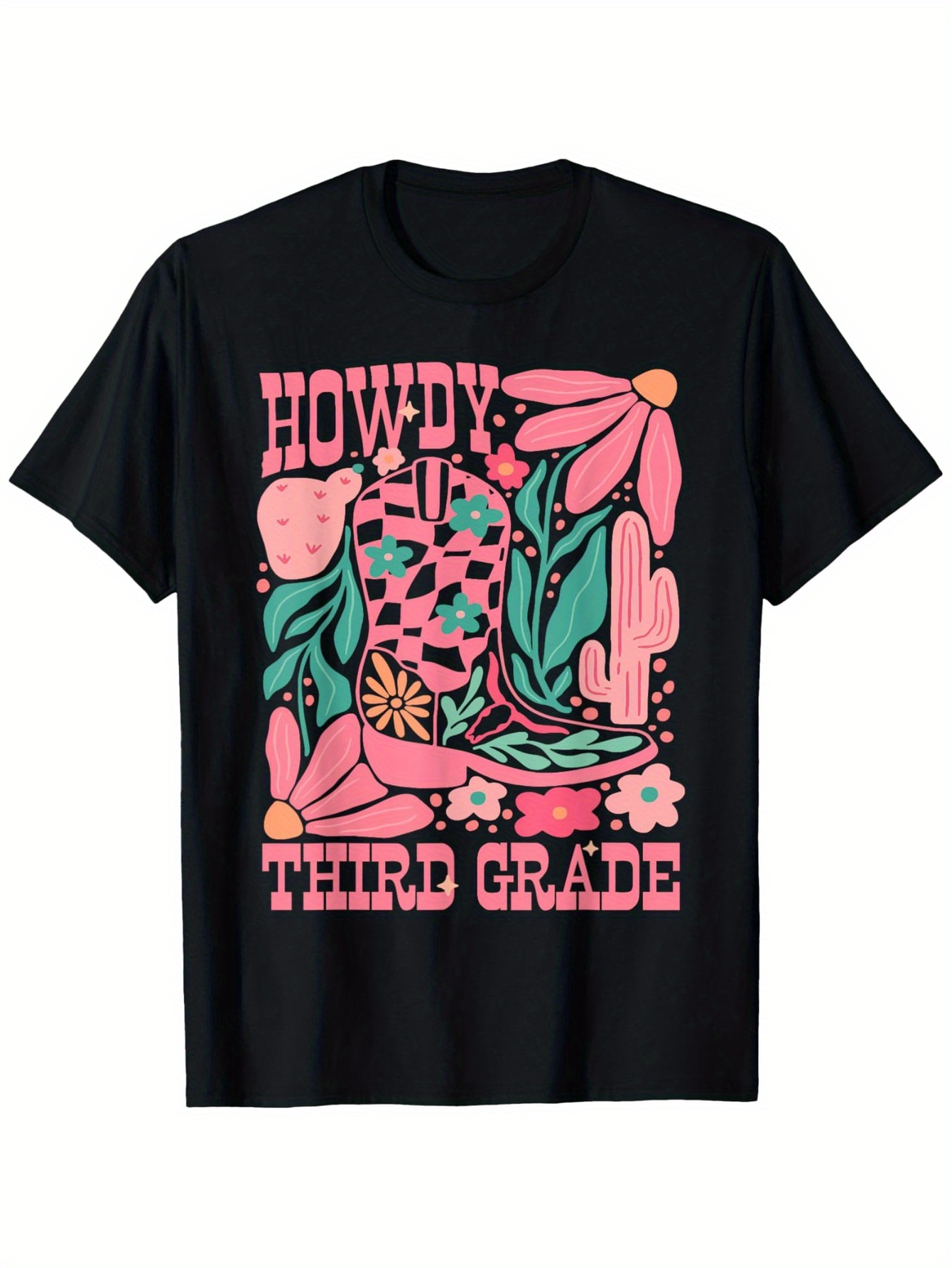 Men's Graphic T-Shirt Howdy Third Grade Vibrant Desert Flowers Cactus And Western Boot