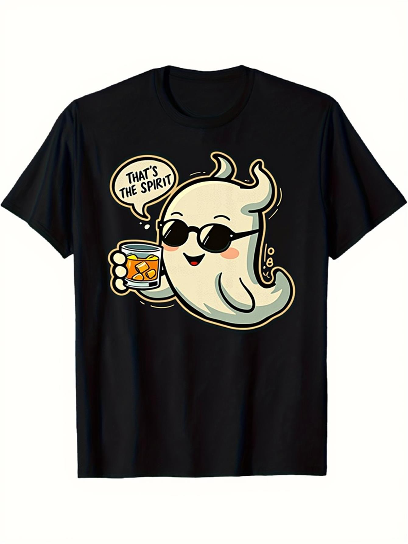 Men's Graphic T-Shirt Thats The Spirit Smiling Cartoon Ghost With Sunglasses Holding Drink