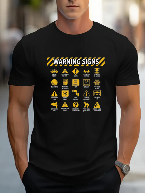 Men's Graphic T-Shirt Warning Signs Graphic With Caution Symbols And Safety Hazard Icons T Shirt