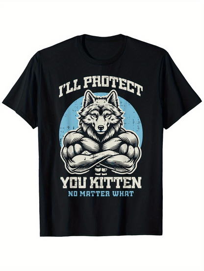 Men's Graphic T-Shirt Ill Protect You Kitten Strong Wolf With Arms Folded Under Blue Moonlight