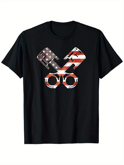 Men's Graphic T-Shirt American Flag Patterned Pistons With Mechanical Symmetry Design