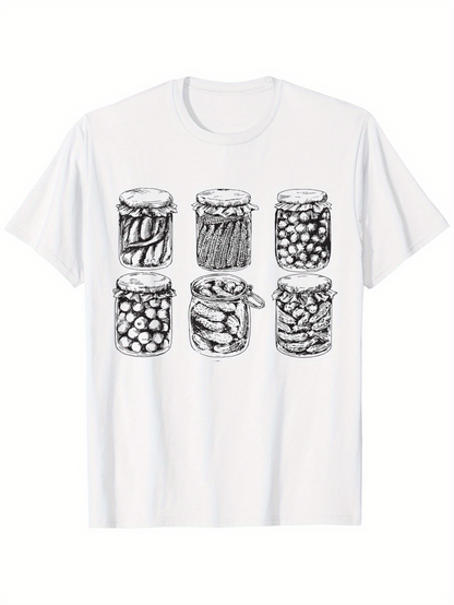 Men's Graphic T-Shirt Hand Drawn Style Preserved Vegetables Jars On White Cotton T Shirt