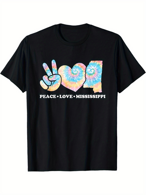 Men's Graphic T-Shirt Peace Love Mississippi Tie Dye Icons Over Black T Shirt