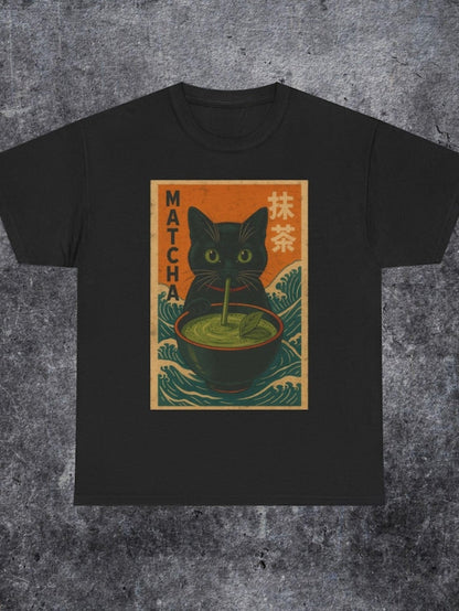 Men's Graphic T-Shirt Matcha With Retro Waves And Black Cat Staring Calmly