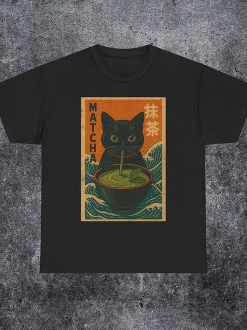 Men's Graphic T-Shirt Matcha With Retro Waves And Black Cat Staring Calmly