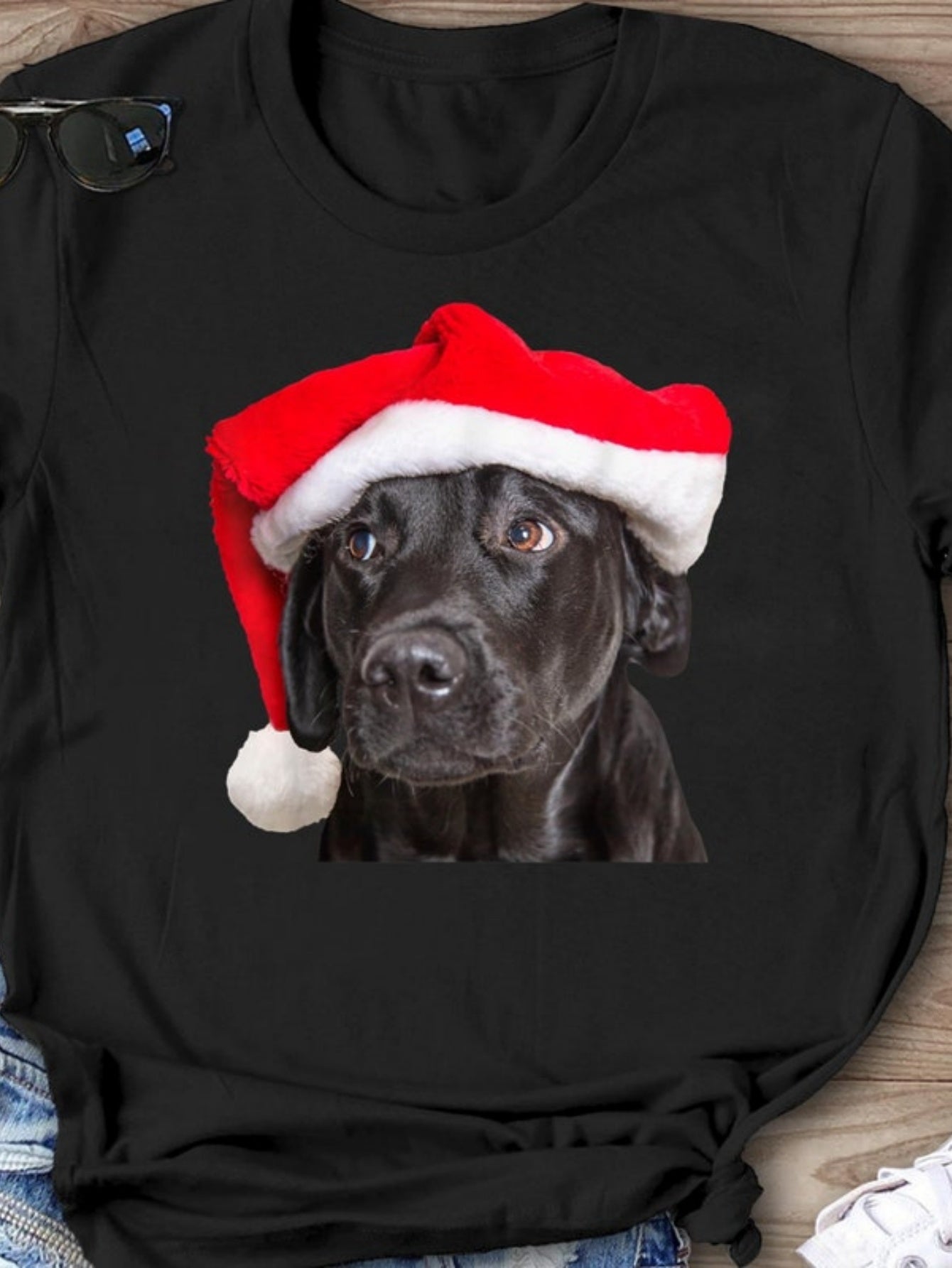 Men's Graphic T-Shirt Festive Christmas Hat Over Playful Black Puppy Dog