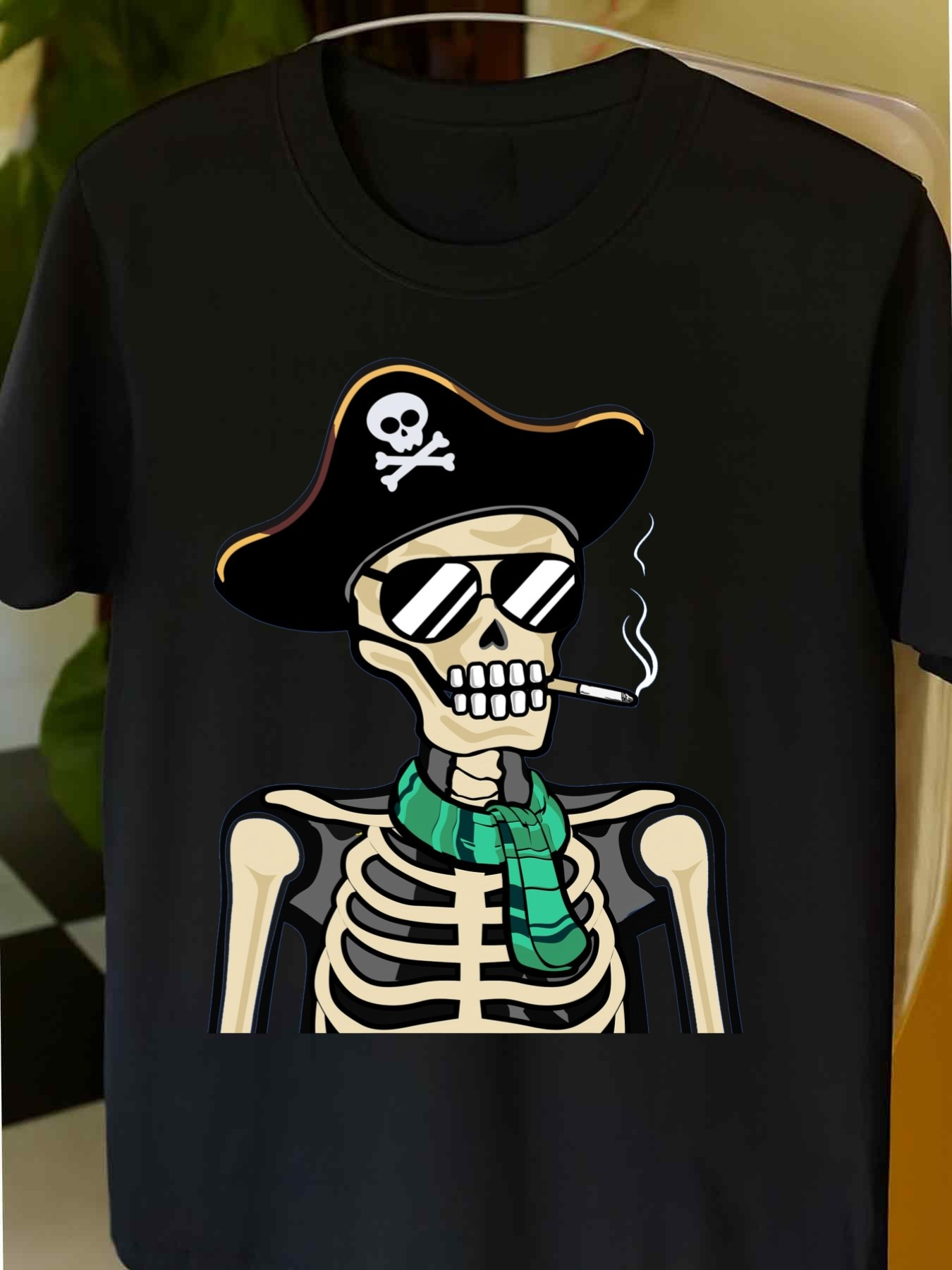 Men's Graphic T-Shirt Pirate Skull Wearing Hat And Smoking With Green Scarf Skeleton