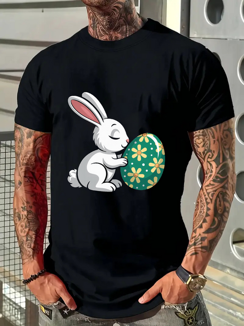 Men's Graphic T-Shirt White Bunny Holding A Decorated Green Easter Egg