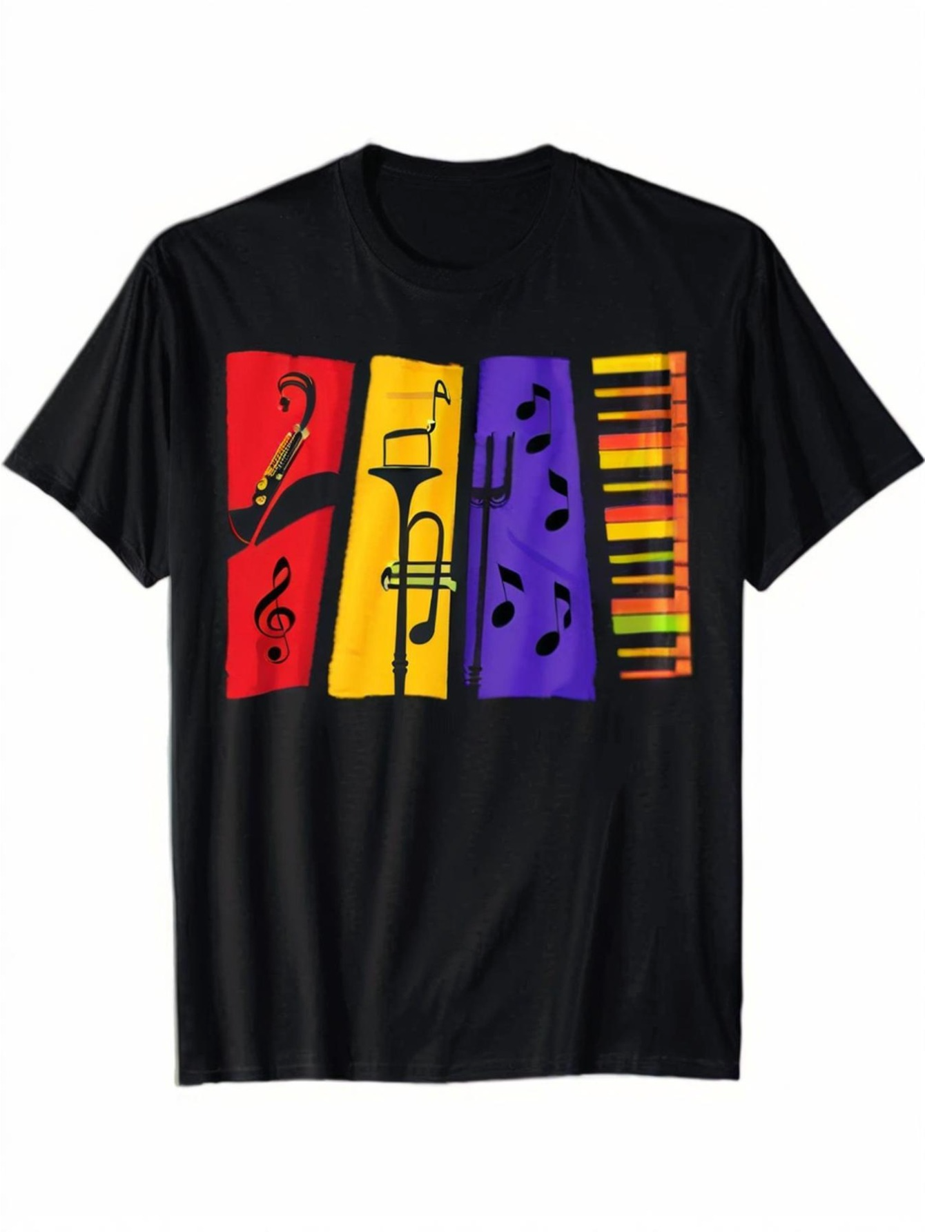 Men's Graphic T-Shirt Abstract Jazz Inspired Color Block With Musical Notes Trumpet Piano
