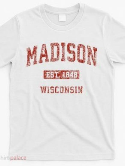 Men's Graphic T-Shirt Madison Est 1848 Wisconsin Vintage Red Distressed College Style Letters
